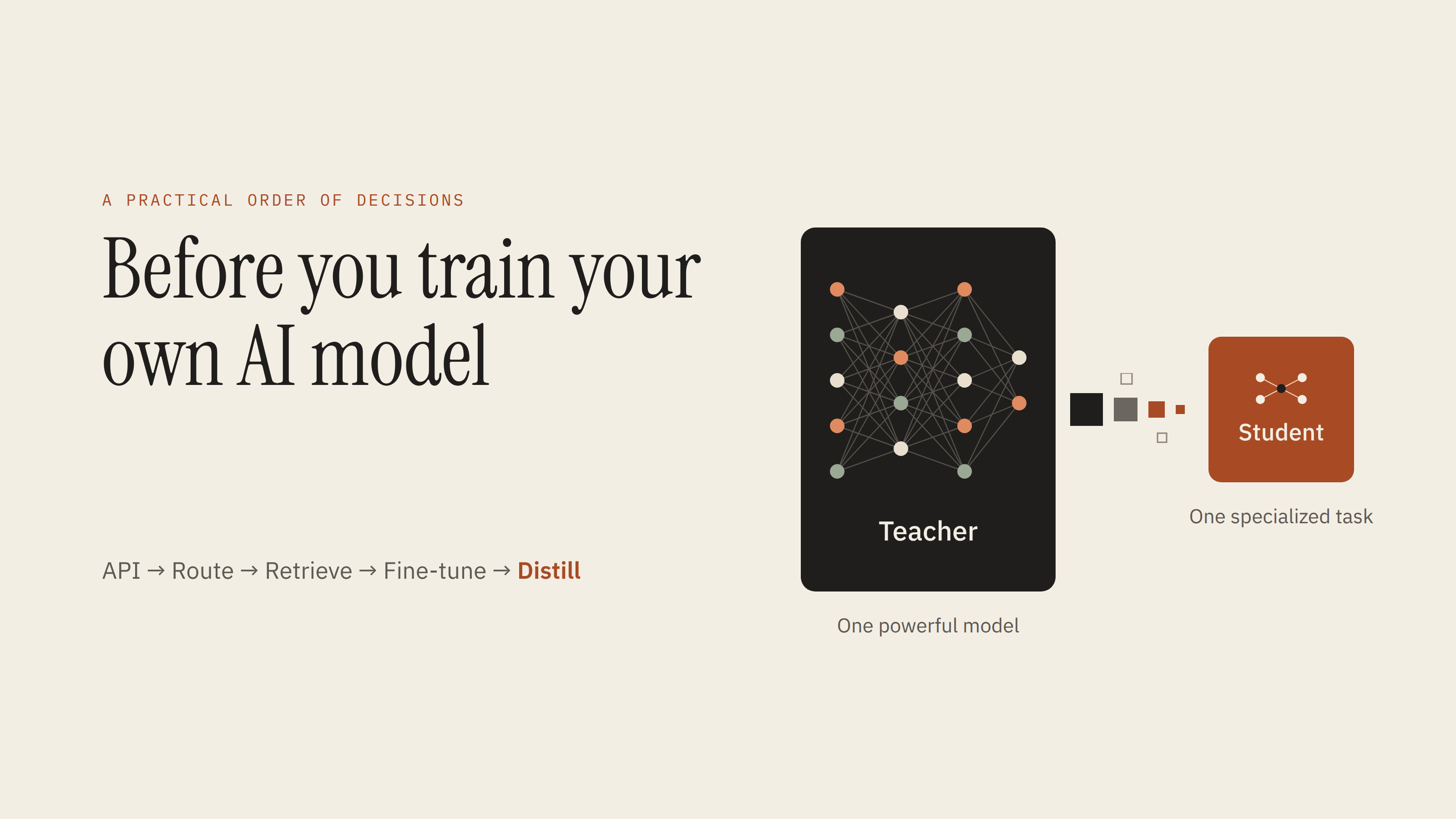 Illustration: a large teacher model passing knowledge to a smaller student model, next to the article title